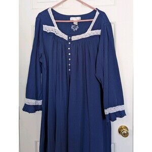 Eileen West L/S Nightgown Womens 2X Blue White Lace Trim Thick Rib Knit Stretch